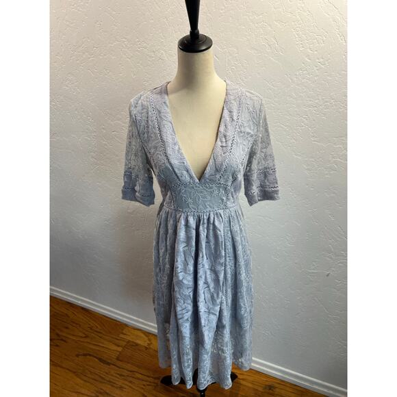 Free People Blue Embroidered Lace Midi Dress- Size 4 - Picture 10 of 12